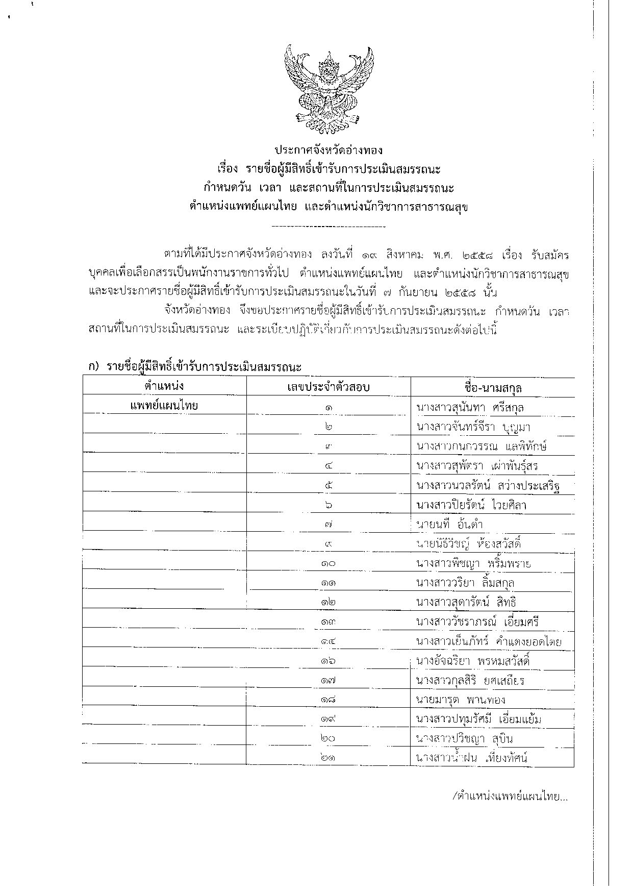 รายชื่อผู้มีสิทธิ์สอบ-แพทย์แผนไทยและนักวิชาการสาธารณสุข